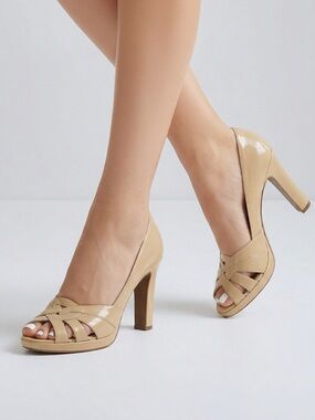 Cole Haan Nude Patent Peep-Toe Block Heel Pumps